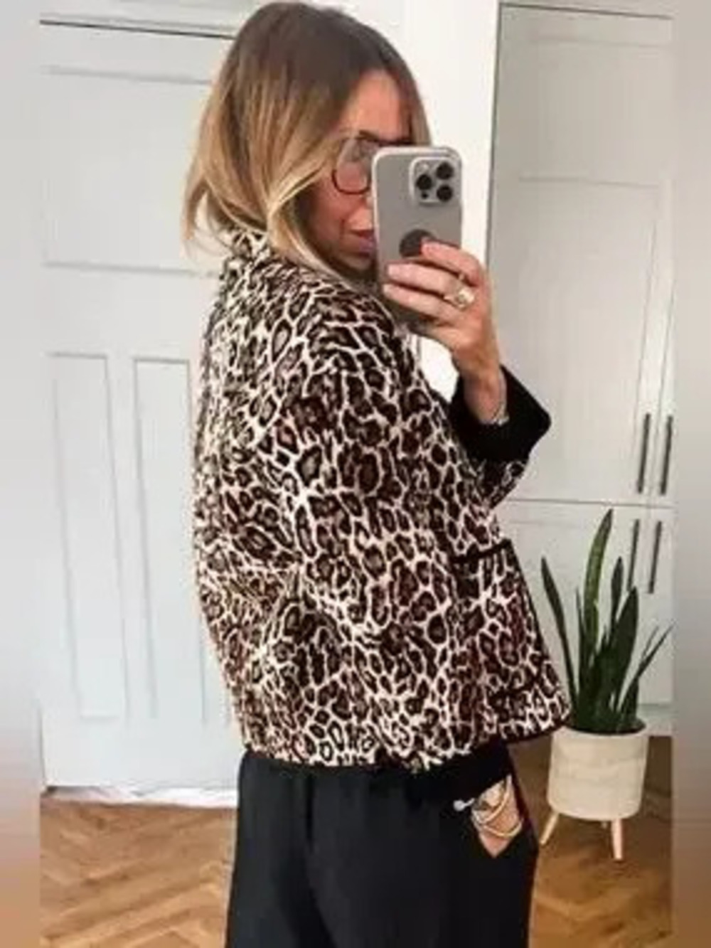 Leopard Print Quilted Button Front Patch Pockets Jacket - Picture 2 of 4